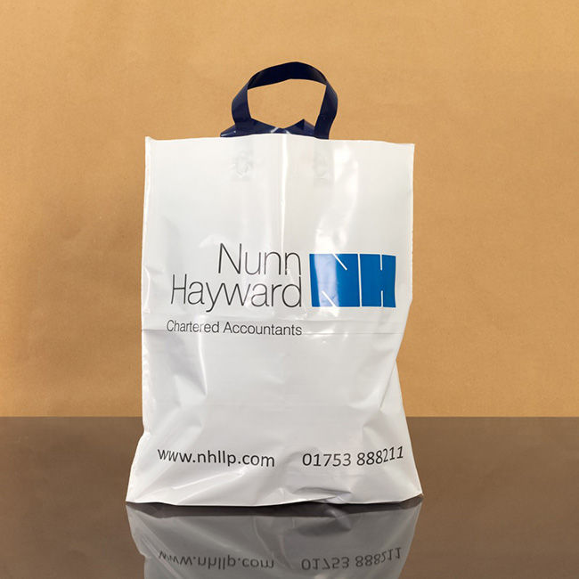 Blue and white printed plastic bag