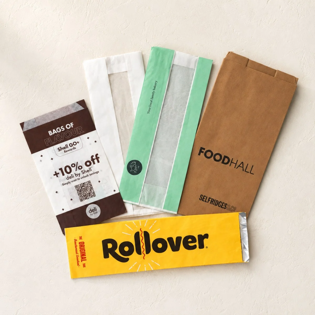 White Brown And Green Printed Paper Counter Bags In Various Sizes For Shell, Selfridges and Rollover