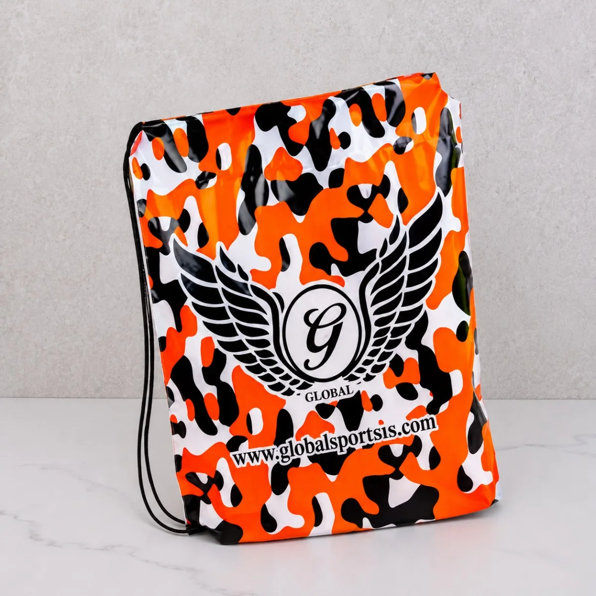 Orange Camouflage Global Sports Printed Plastic Drawstring Bag With Black Cord Handles