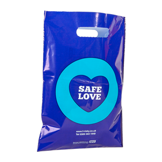BLUE COLOURED PATCH HANDLE PLASTIC CARRIER BAGS 