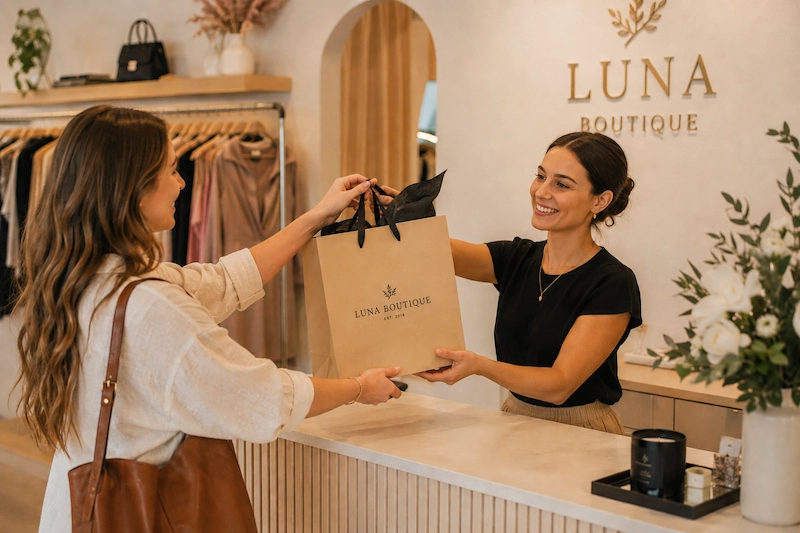 Woman receiving a branded carrier bag