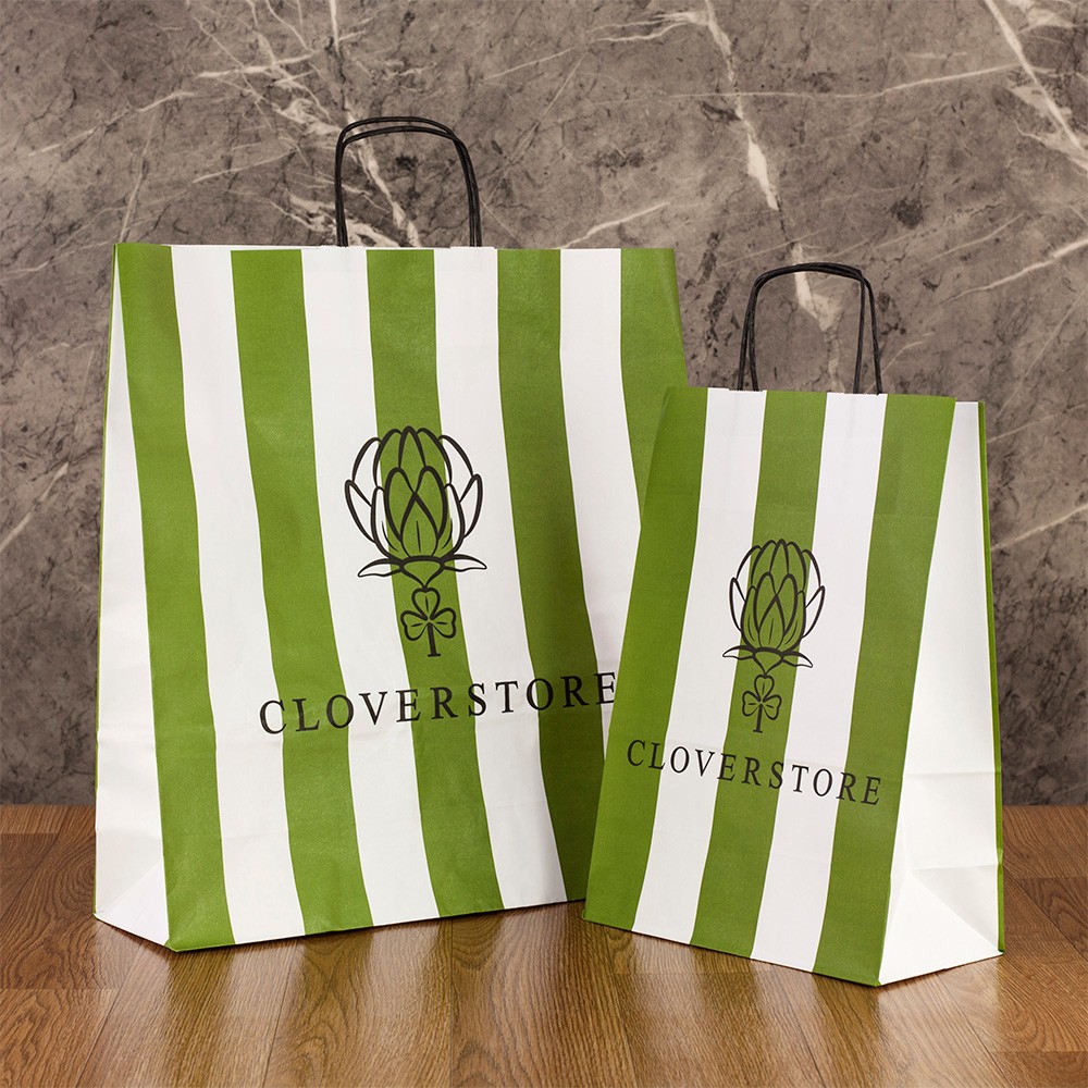 Bespoke Green and White Twisted Handle Paper Bag