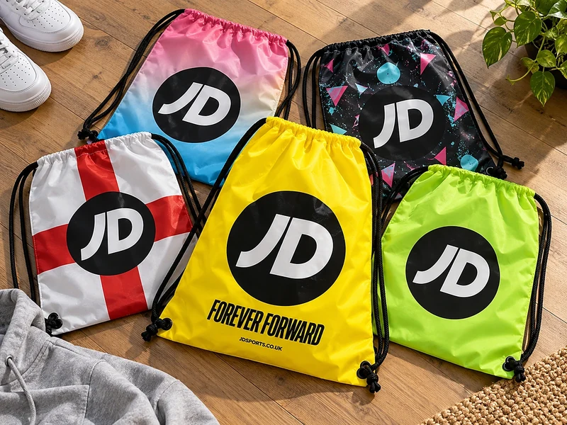 JD drawstring bags in yellow, green, white, black and multicoloured designs arranged on a wooden floor.