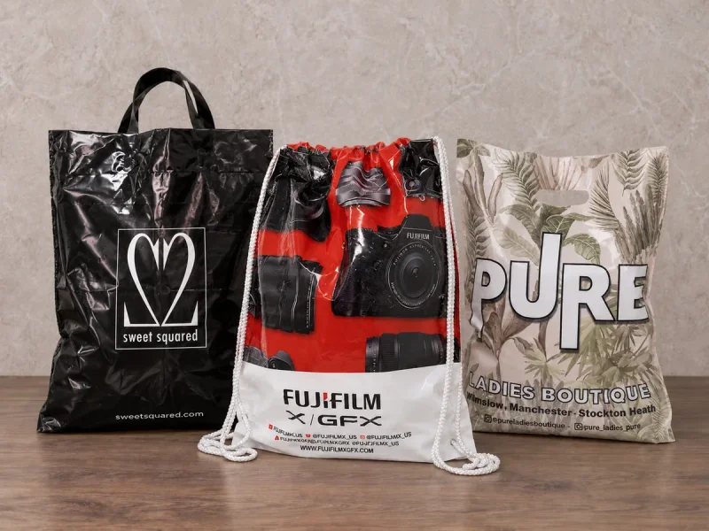 Range of plastic bags from flexi loop to drawstring and punched out handle plastic bags