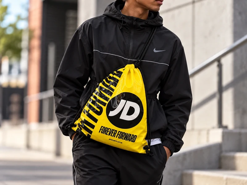 Person wearing a yellow JD drawstring bag across the body with a black sports outfit.