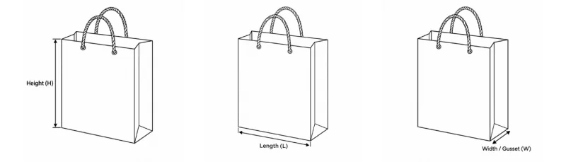 Diagram showing the width, height and gusset of a gift bag