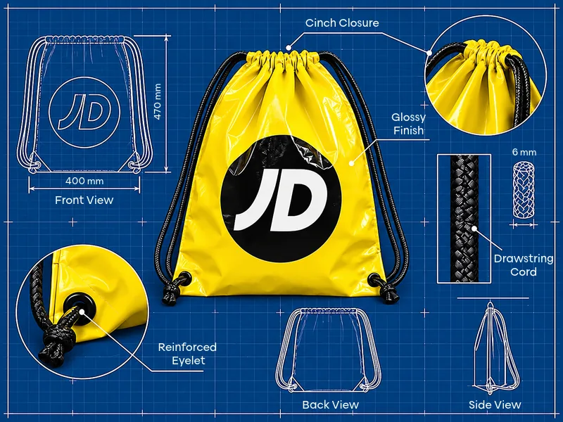 Illustrated JD drawstring bag design showing the braided cords, cinch closure and reinforced eyelets.