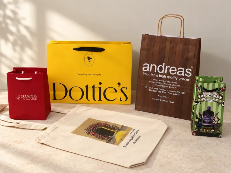 Selection of carrier bags from fabric to paper and luxury
