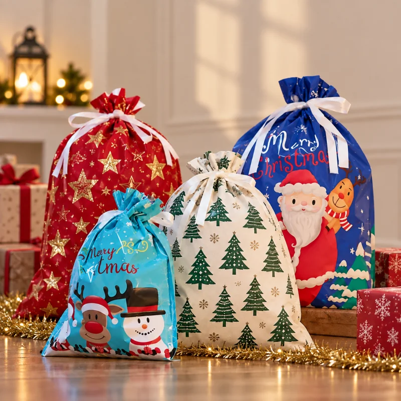 Christmas Gift Pouches With Snowmen, Reindeer and Santa Underneath The Christmas Tree