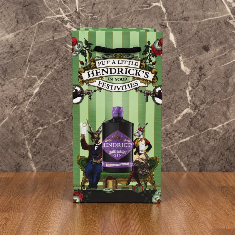 Hendrick&rsquo;s Gin printed luxury bottle bag with black rope handles for Christmas festivities